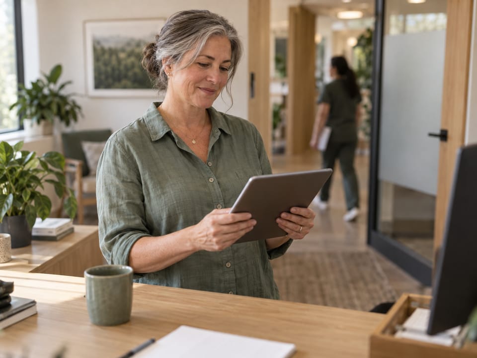 A practice owner reviews her practice’s revenue on a tablet