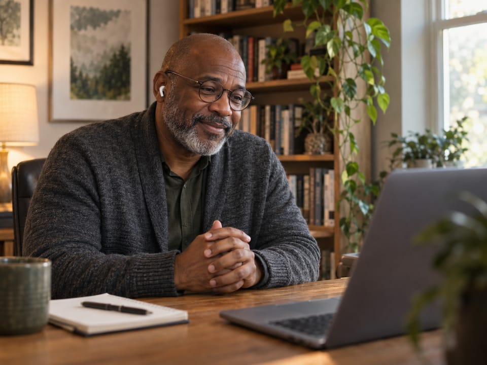 A psychiatric nurse practitioner smiles during a telehealth appointment