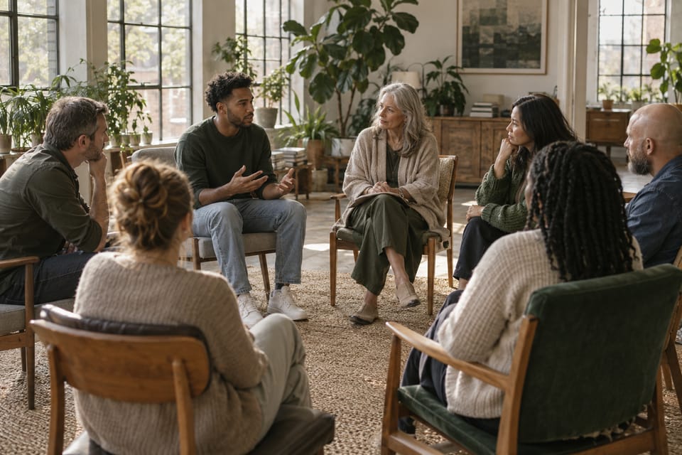 A group therapy session in a bright, airy room