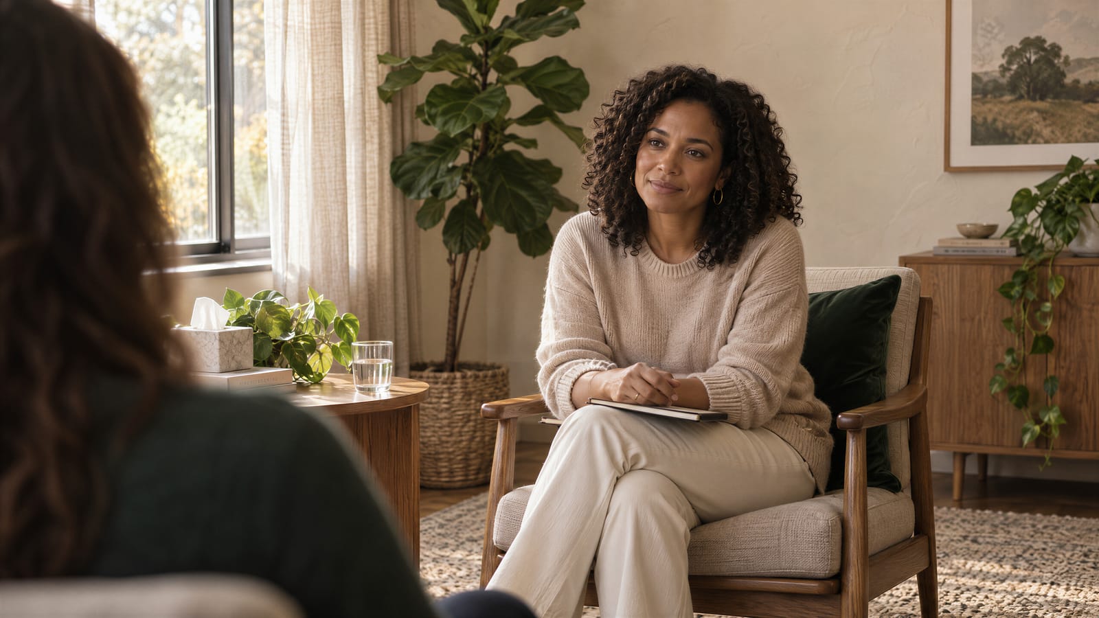 A therapist listens attentively to a client in a sunlit counseling office