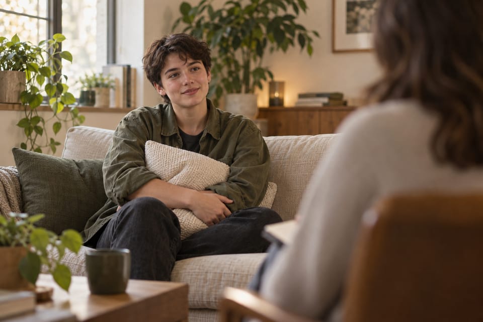 A young client smiles while talking with their therapist