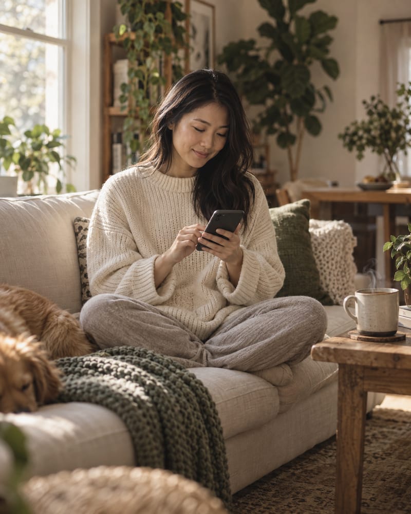 A client completes her intake forms on her phone at home