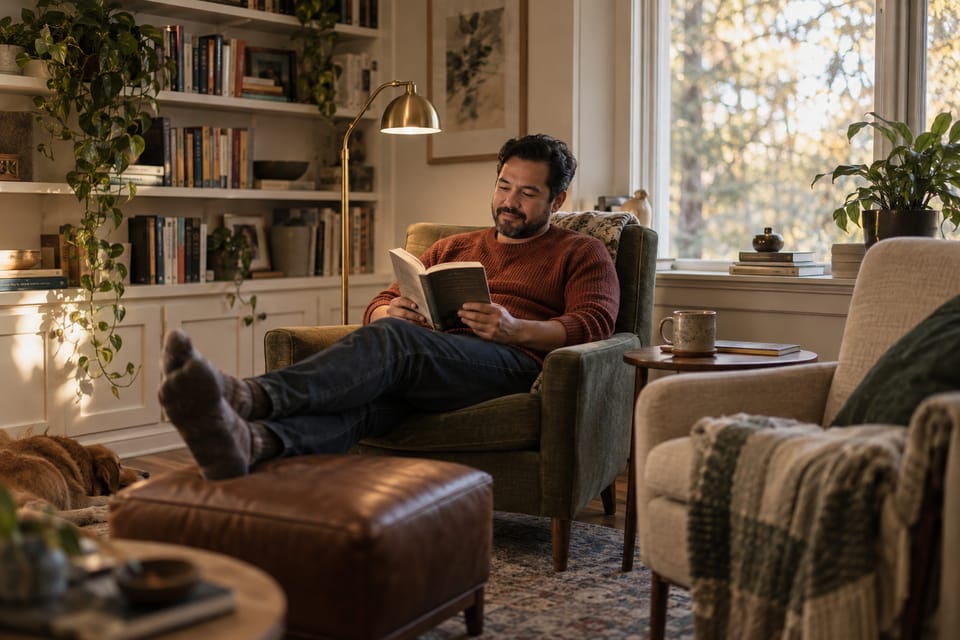 A therapist reads in his cozy private-practice office between sessions