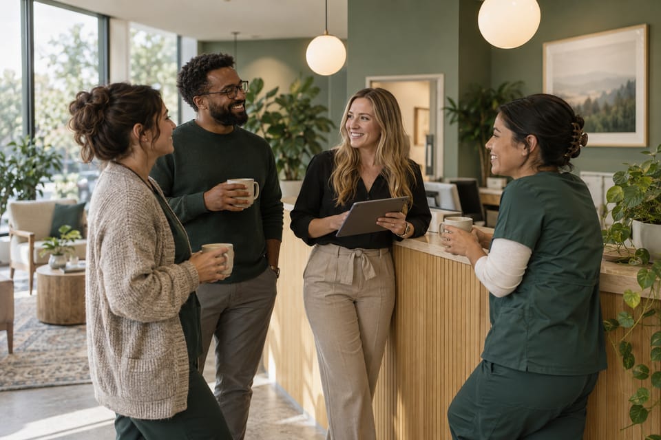 A clinical team shares a morning huddle at the front desk