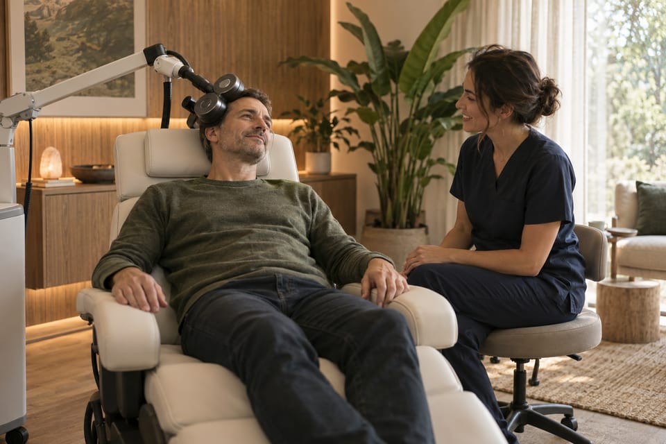 A patient relaxes during a TMS treatment while a clinician chats with him