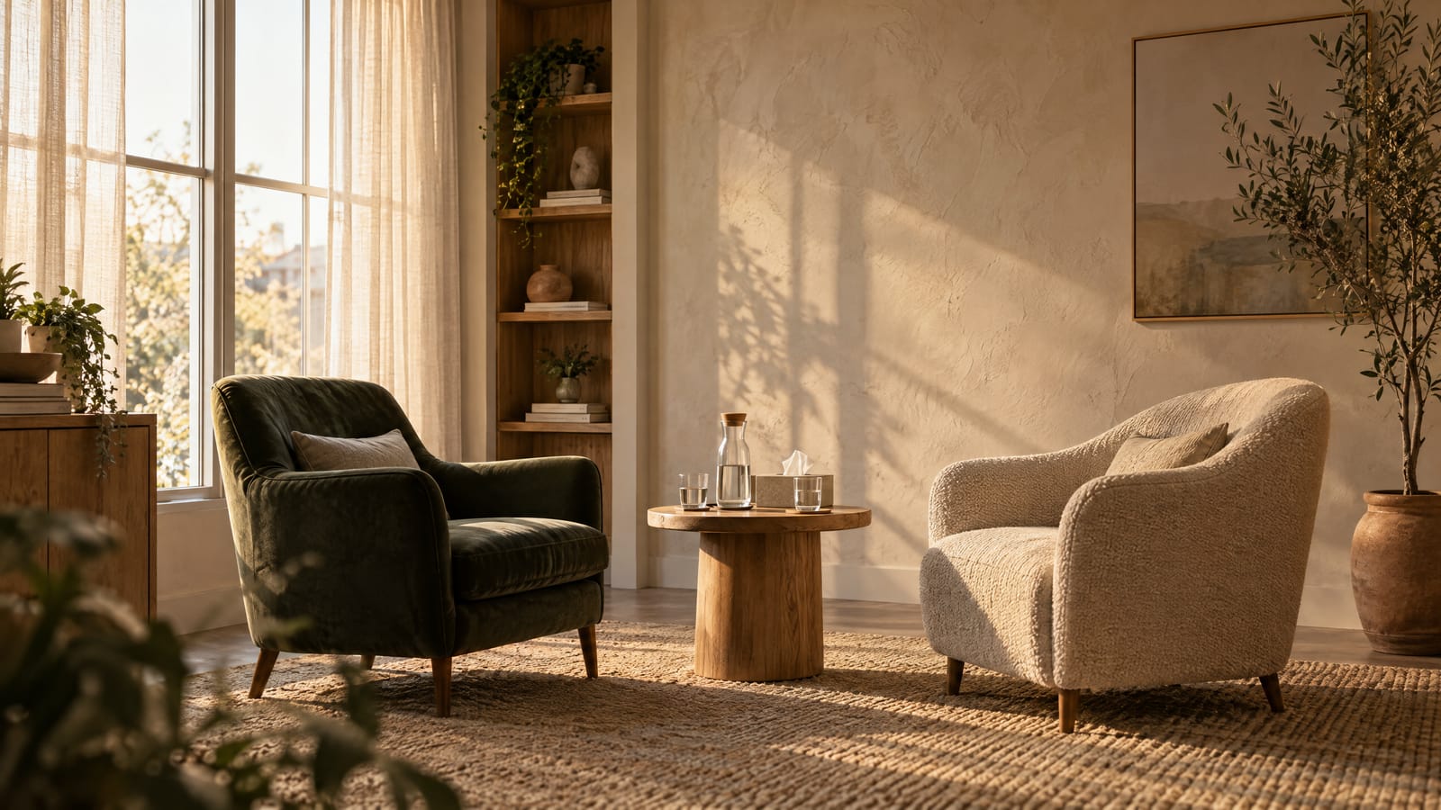 Two armchairs face each other in a quiet therapy room at golden hour